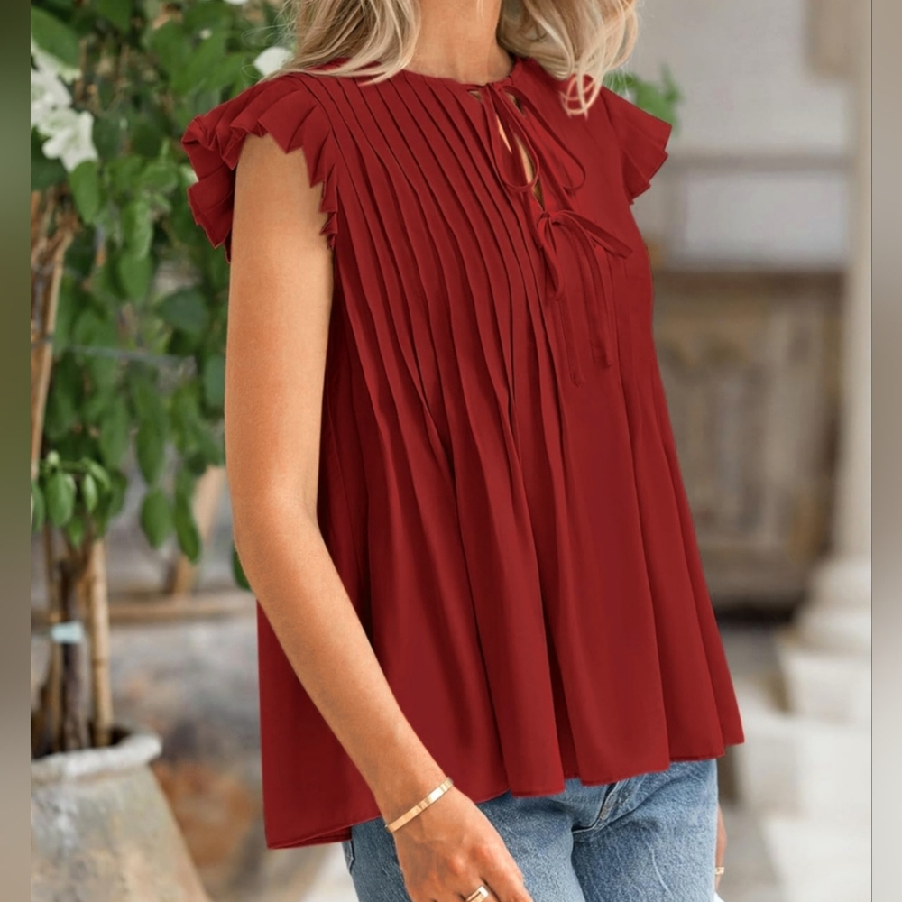 Chic Red Women's Top With Flutter Sleeve- NWT